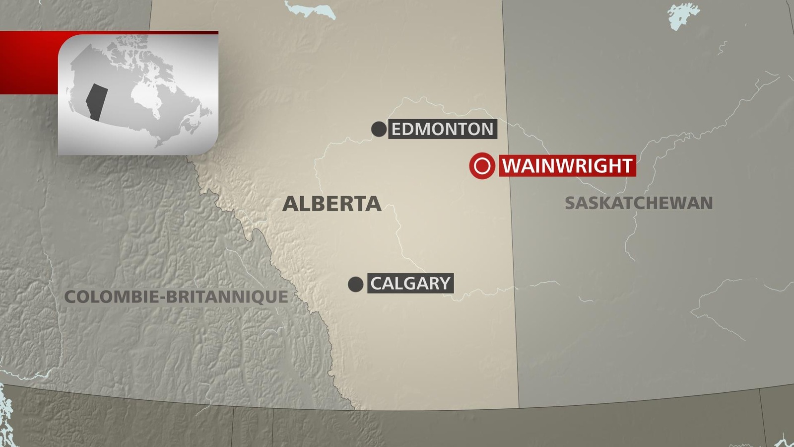 La base militaire de Wainwright est située à environ 200 km au sud-est d'Edmonton, près de la frontière avec la Saskatchewan. La base militaire de Wainwright est située à environ 200 km au sud-est d'Edmonton, près de la frontière avec la Saskatchewan.