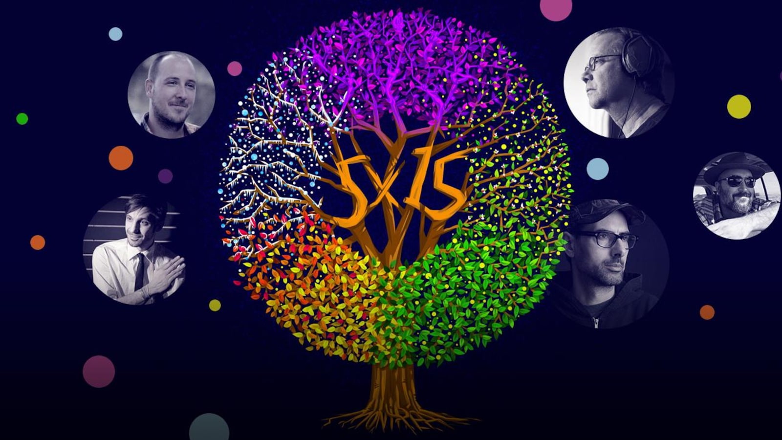 Illustration d'un arbre aux couleurs des quatre saisons, plus une, imaginaire en mauve. 5 x15 est inscrit dans les branches, au centre. Les photos des réalisateurs Alex McMahon, James Di Salvio, Marc Pérusse, DJ Champion et Éloi Painchaud se retrouvent autour, dans des pastilles. Illustration d'un arbre aux couleurs des quatre saisons, plus une, imaginaire en mauve. 5 x15 est inscrit dans les branches, au centre. Les photos des réalisateurs Alex McMahon, James Di Salvio, Marc Pérusse, DJ Champion et Éloi Painchaud se retrouvent autour, dans des pastilles.