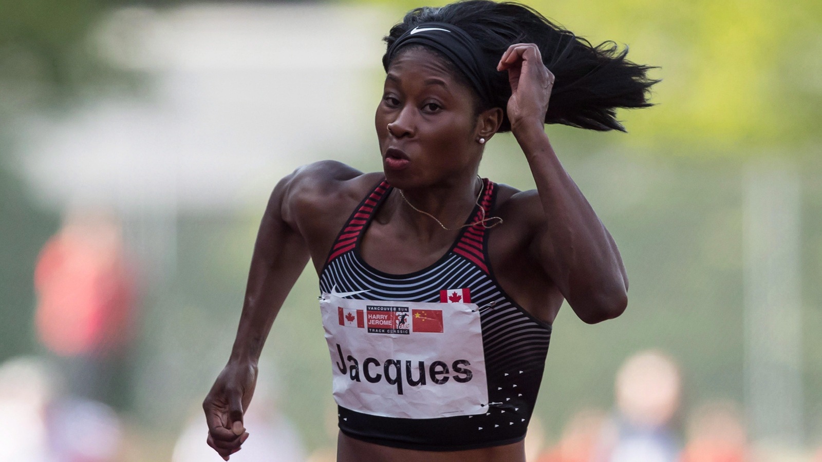 Farah Jacques, of Gatineau, Que., races to a first-place finish during the women's 100 metre hurdles at the Harry Jerome International Track Classic, in Burnaby, B.C., on Wednesday, June 27, 2018. THE CANADIAN PRESS/Darryl Dyck Farah Jacques, of Gatineau, Que., races to a first-place finish during the women's 100 metre hurdles at the Harry Jerome International Track Classic, in Burnaby, B.C., on Wednesday, June 27, 2018. THE CANADIAN PRESS/Darryl Dyck