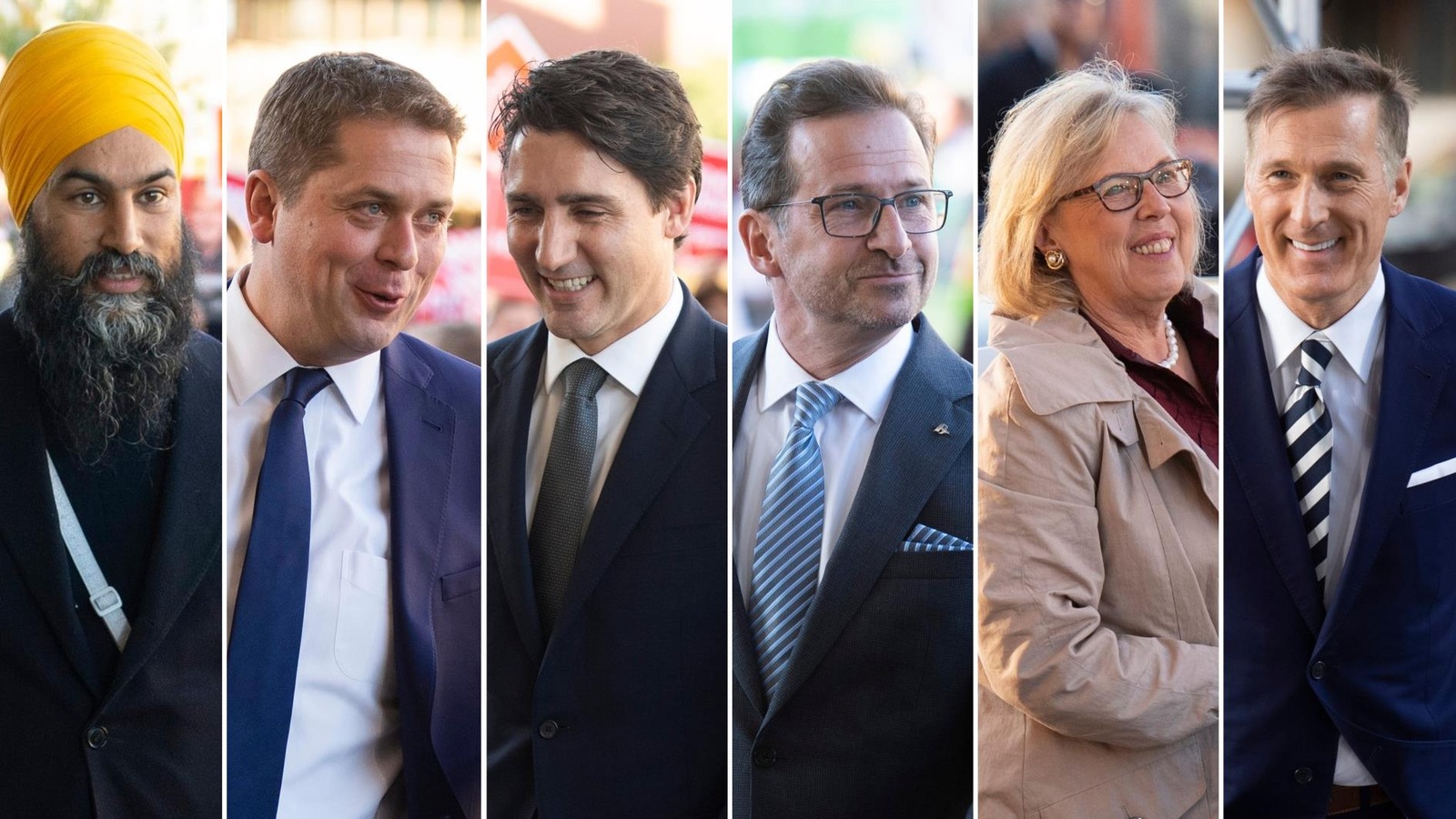 Jagmeet Singh (Nouveau Parti démocratique), Andrew Scheer (Parti conservateur), Justin Trudeau (Parti libéral), Yves-François Blanchet (Bloc québécois), Elizabeth May (Parti vert) et Maxime Bernier (Parti populaire) à leur arrivée au débat des chefs en français. Jagmeet Singh (Nouveau Parti démocratique), Andrew Scheer (Parti conservateur), Justin Trudeau (Parti libéral), Yves-François Blanchet (Bloc québécois), Elizabeth May (Parti vert) et Maxime Bernier (Parti populaire) à leur arrivée au débat des chefs en français.