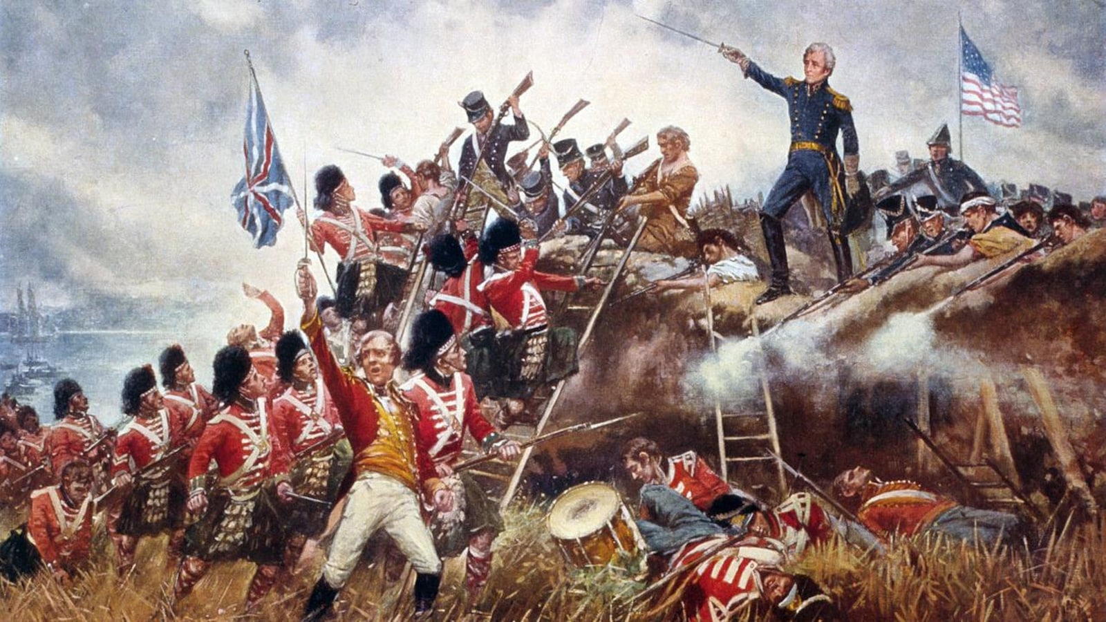 Une toile représente une bataille entre soldats anglais et américains. Un homme pointe une épée devant lui. Une toile représente une bataille entre soldats anglais et américains. Un homme pointe une épée devant lui.