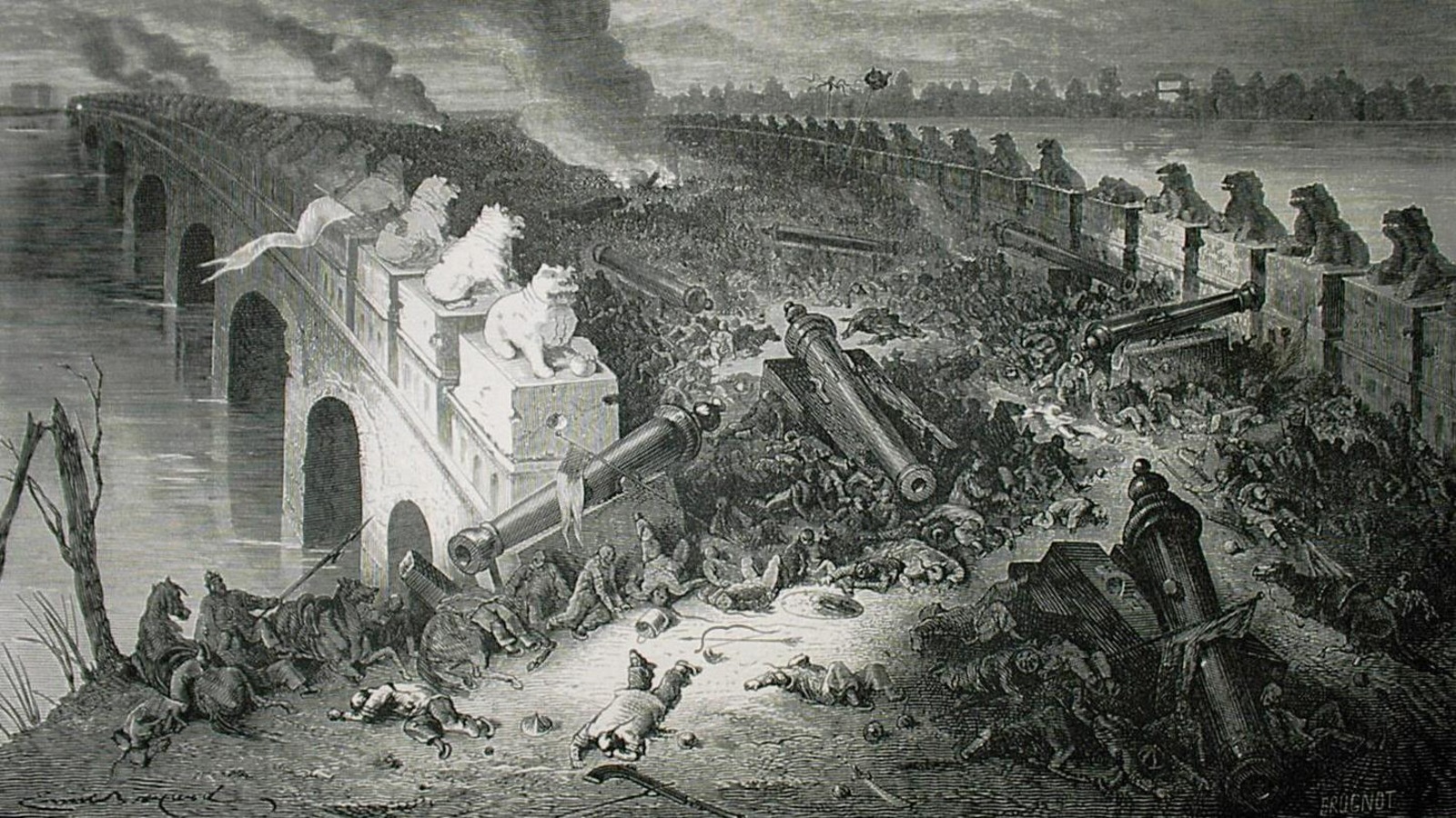 Une représentation d'une bataille sur un pont; des corps d'hommes et de chevaux gisent, et des canons sont sur le pont. Une représentation d'une bataille sur un pont; des corps d'hommes et de chevaux gisent, et des canons sont sur le pont.