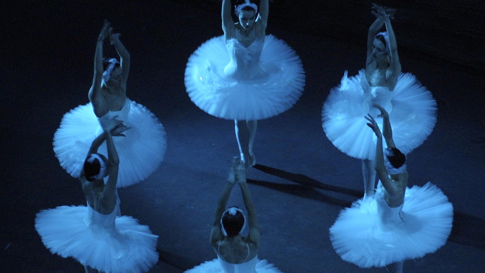 Sous un éclairage bleu, six ballerines costumées dansent avec les bras en l'air. Sous un éclairage bleu, six ballerines costumées dansent avec les bras en l'air.