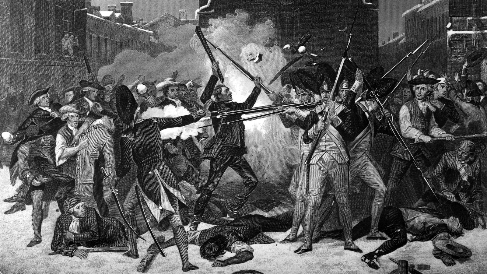 Une représentation du massacre de Boston, le 5 mars 1770. Des soldats ouvrent le feu sur une foule. Une représentation du massacre de Boston, le 5 mars 1770. Des soldats ouvrent le feu sur une foule.