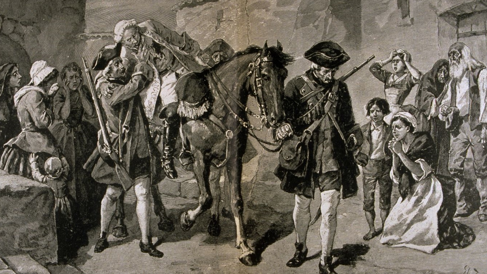 Trois grenadiers hissent Montclam sur un cheval alors qu'il a été blessé mortellement sur le champs de bataille des plaines d'Abraham. Trois grenadiers hissent Montclam sur un cheval alors qu'il a été blessé mortellement sur le champs de bataille des plaines d'Abraham.