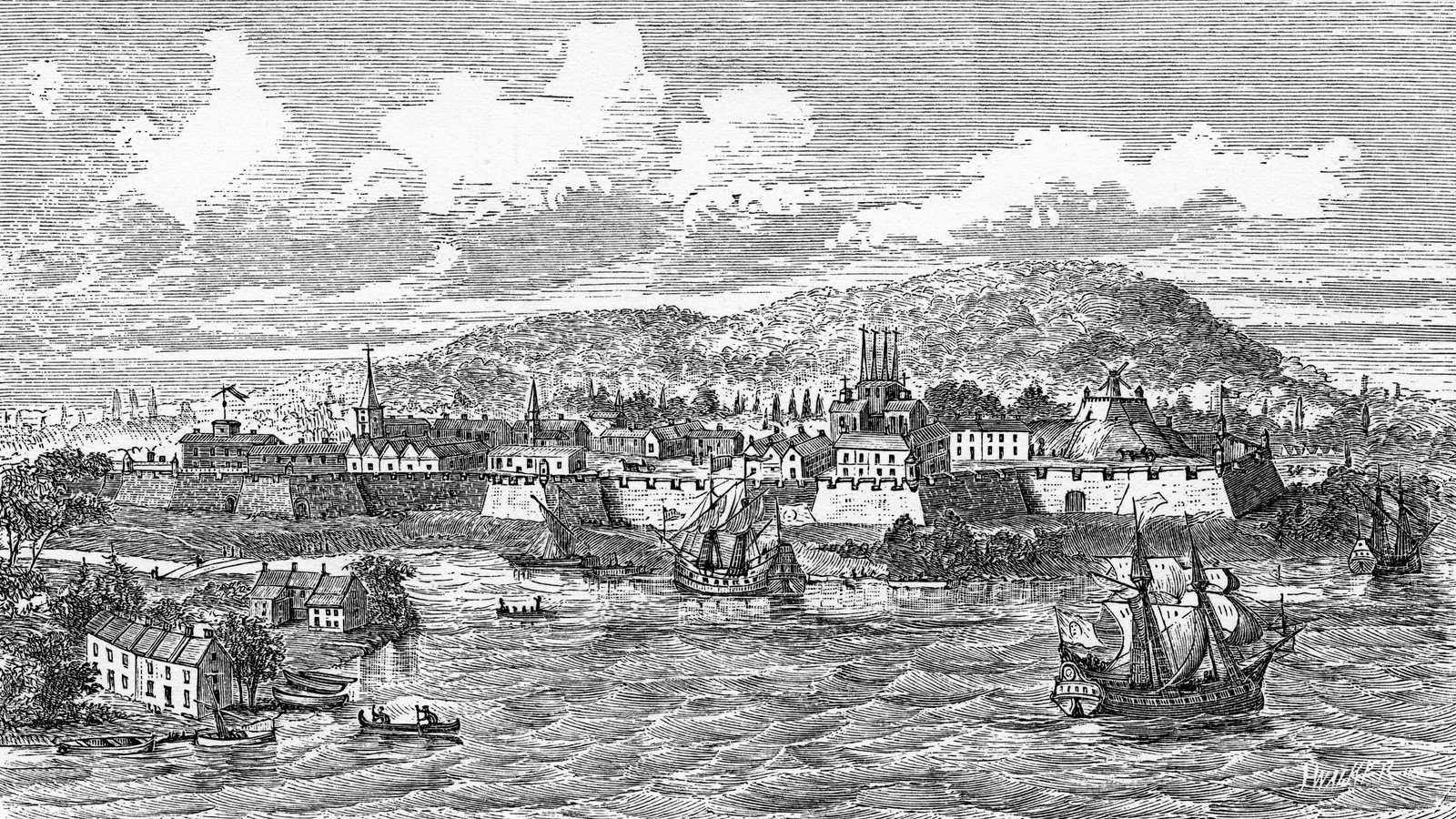 Dessin en noir et blanc représentant Montréal au 18e siècle, vue du fleuve. Dessin en noir et blanc représentant Montréal au 18e siècle, vue du fleuve.