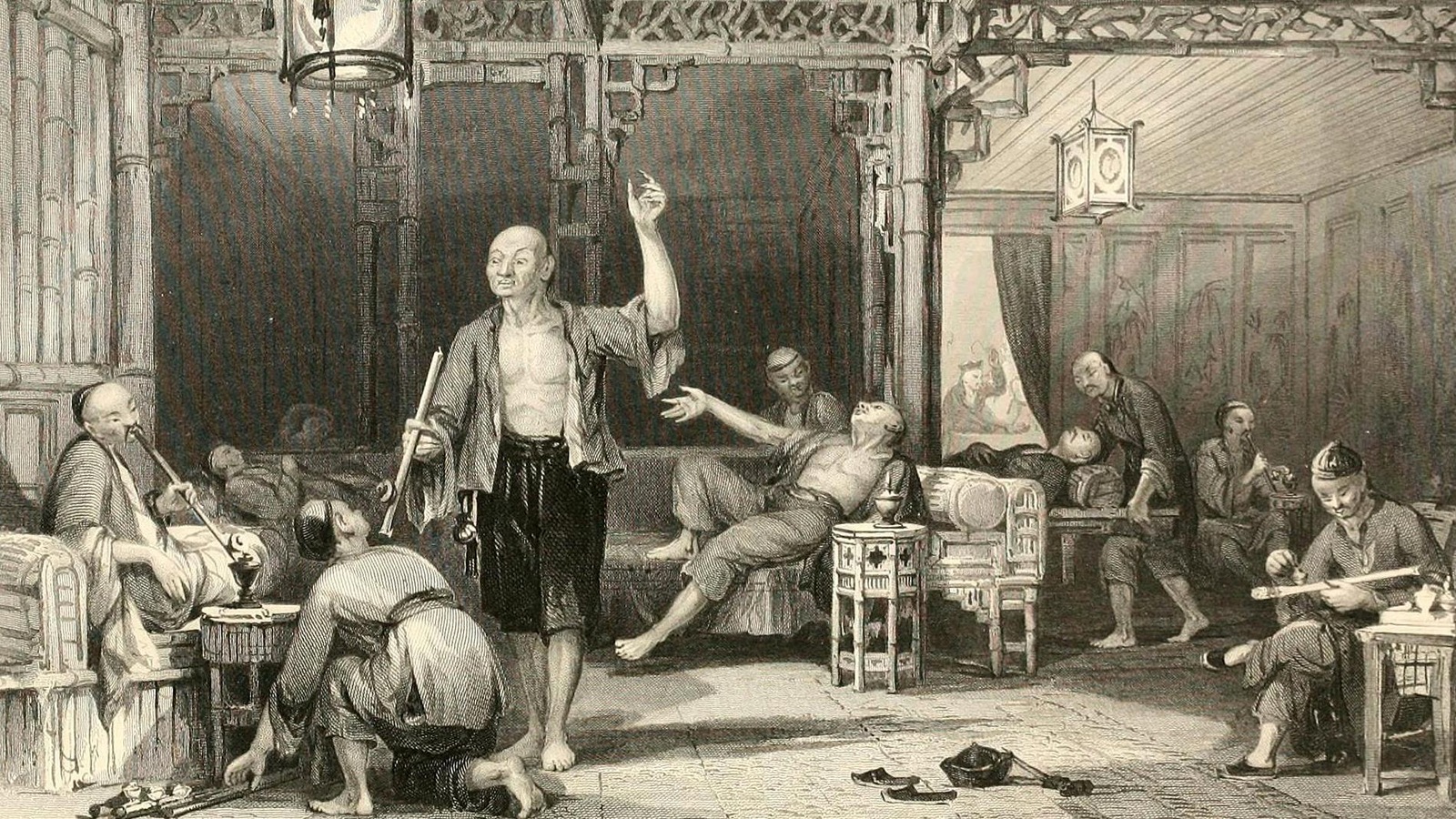 Un dessin représente des hommes asiatiques en train de fumer de l'opium dans une grande salle. Un dessin représente des hommes asiatiques en train de fumer de l'opium dans une grande salle.