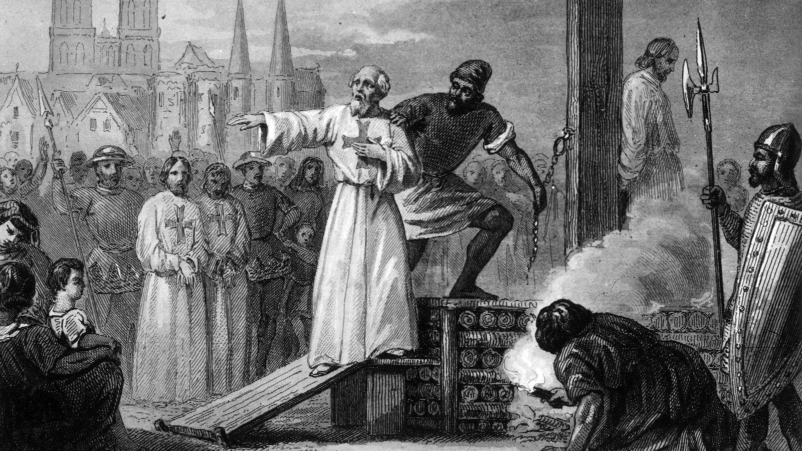 Illustration d’un homme qu’on dirige sur une tribune pour le brûler. Illustration d’un homme qu’on dirige sur une tribune pour le brûler.