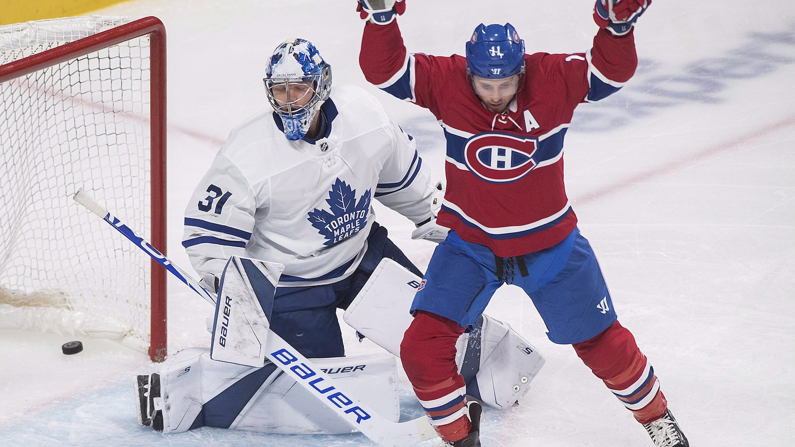 Brendan Gallagher du Canadien de Montréal et Frederik Andersen des Maple Leafs de Toronto lors du match du 26 septembre au Centre Bell. Brendan Gallagher du Canadien de Montréal et Frederik Andersen des Maple Leafs de Toronto lors du match du 26 septembre au Centre Bell.