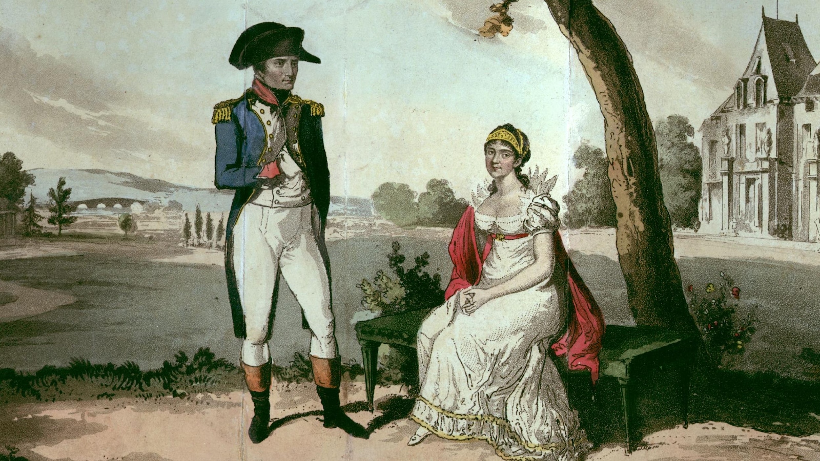 Peinture officielle montrant l'empereur debout, portant son tricorne et ayant la main droite dans sa veste. Joséphine est assise à ses côtés. Peinture officielle montrant l'empereur debout, portant son tricorne et ayant la main droite dans sa veste. Joséphine est assise à ses côtés.