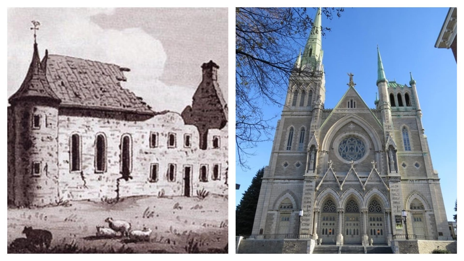 Montage montrant une illustration en noir et blanc d'un château en ruines à gauche et la photo de la façade d'une église à droite. Montage montrant une illustration en noir et blanc d'un château en ruines à gauche et la photo de la façade d'une église à droite.