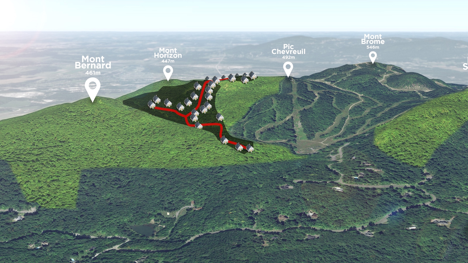 Une représentation du plan immobilier entre les plusieurs monts de Bromont. Une représentation du plan immobilier entre les plusieurs monts de Bromont.