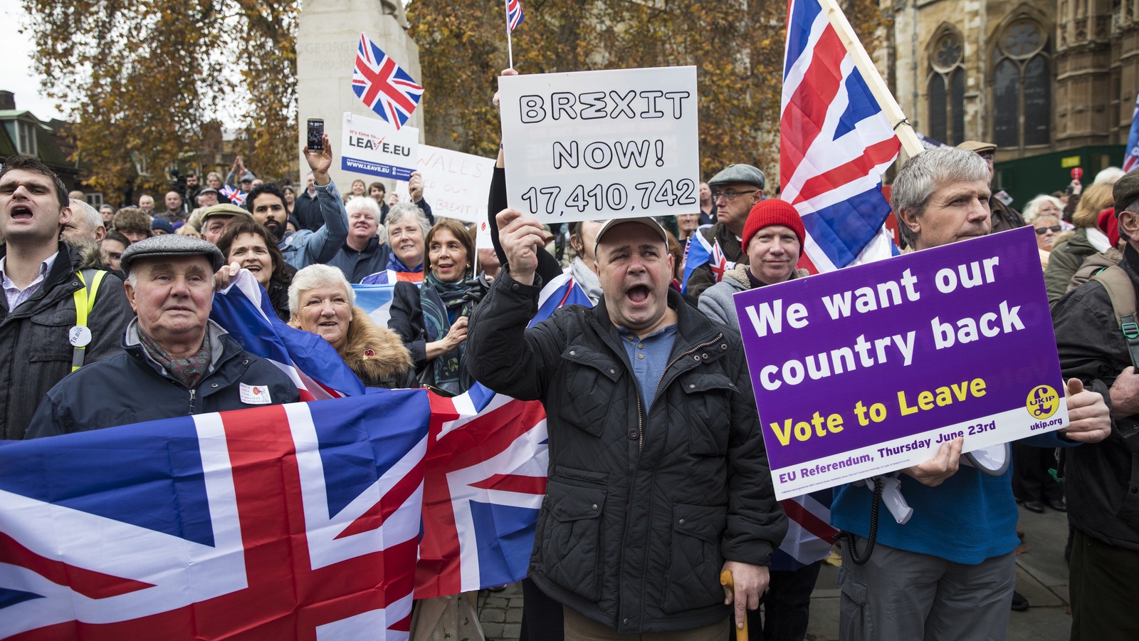 Des partisans du Brexit manifestant à Londres, le 23 novembre dernier. Des partisans du Brexit manifestant à Londres, le 23 novembre dernier.