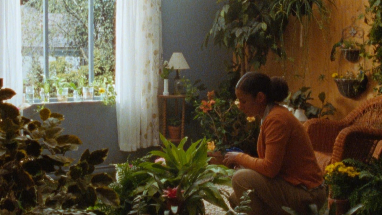 Une femme (Florence Blain Mbaye) assise au milieu d'un salon jonché de fleurs et de plantes.