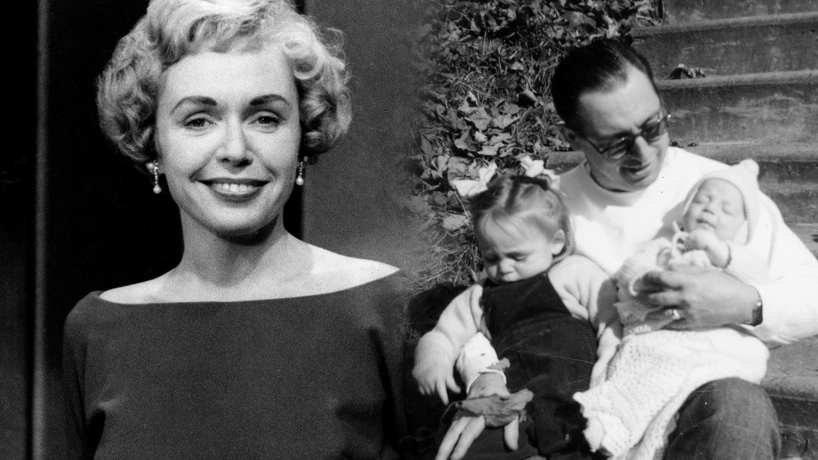 Un montaje de dos fotos: En 1958, la presentadora Michelle Tisseyre, sonriendo.  Y sentado en los escalones, Pierre Tisseyre con dos de sus hijos: Michelle y Charles.