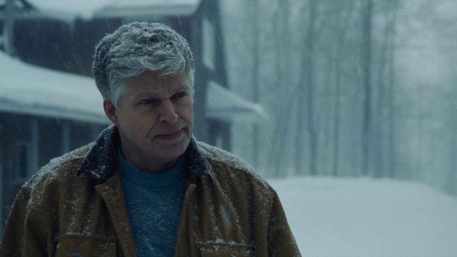 Un homme (Réal Bossé) en plan rapproché, sous la neige. Un homme (Réal Bossé) en plan rapproché, sous la neige.
