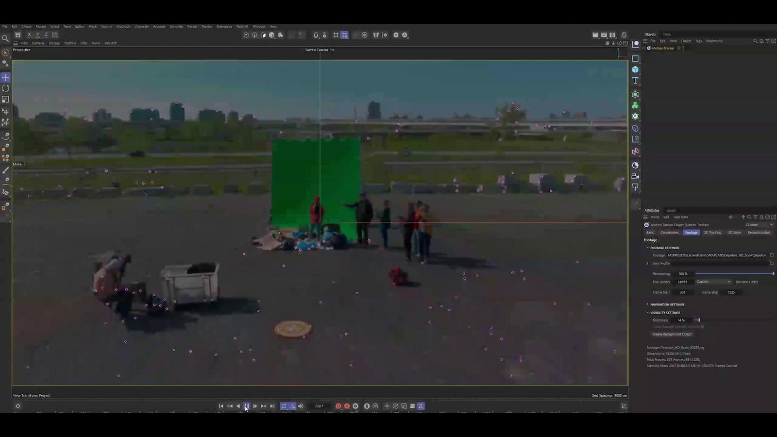Capture d'un écran de logiciel d'effets visuels d'une scène filmée devant écran vert dans le stationnement des Studios MELS.