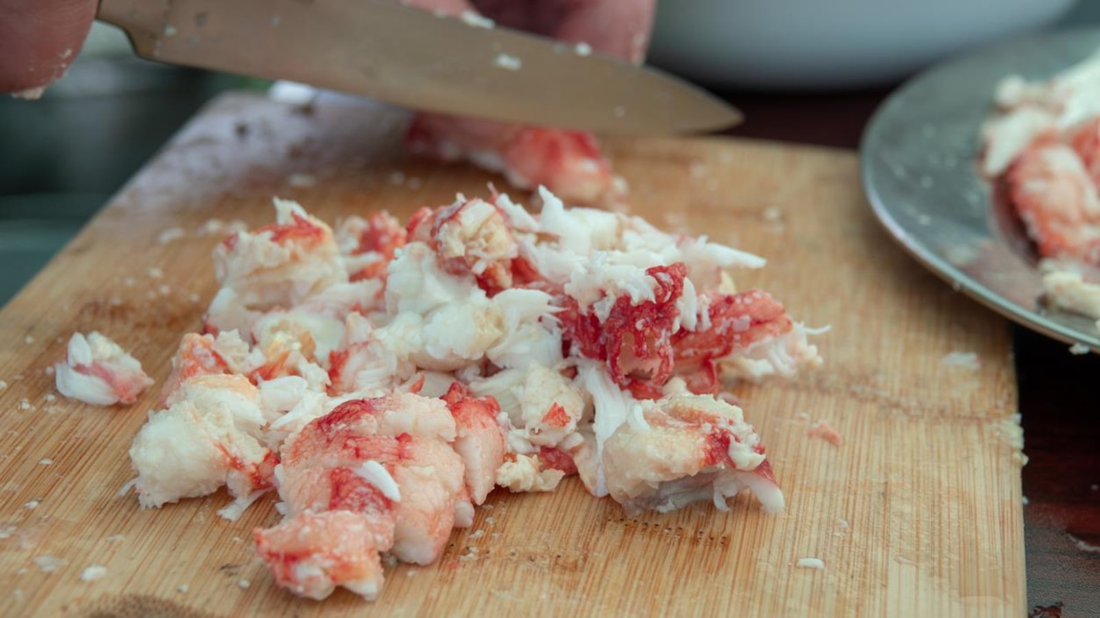 The cook cuts lobster meat.