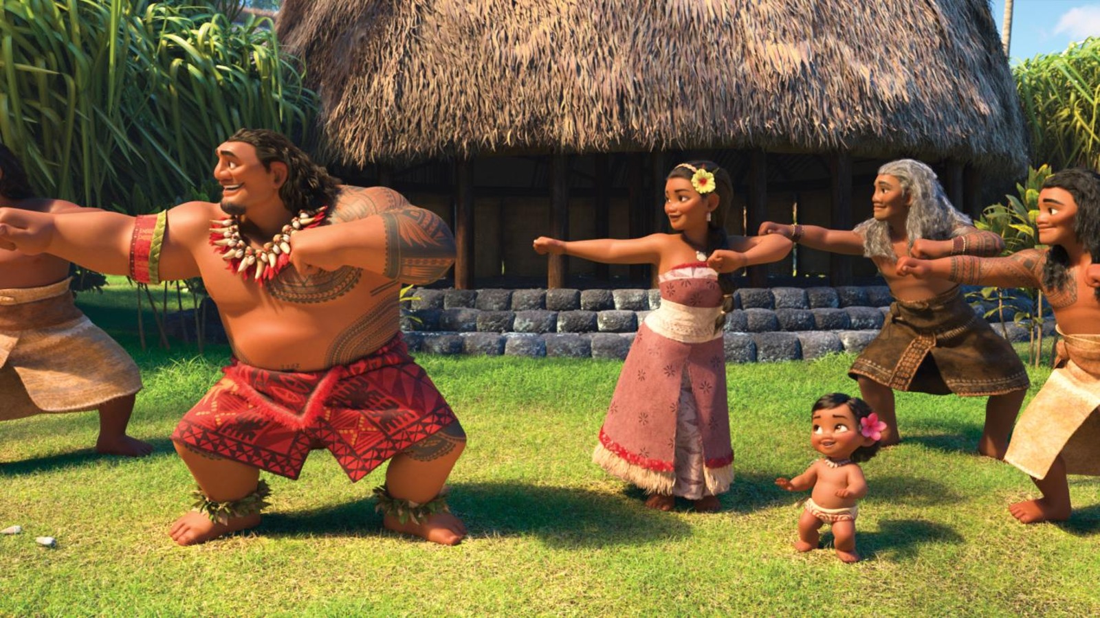 Une image du dessin animé Moana montrant des Polynésiens en train de danser, devant une hutte. Une image du dessin animé Moana montrant des Polynésiens en train de danser, devant une hutte.