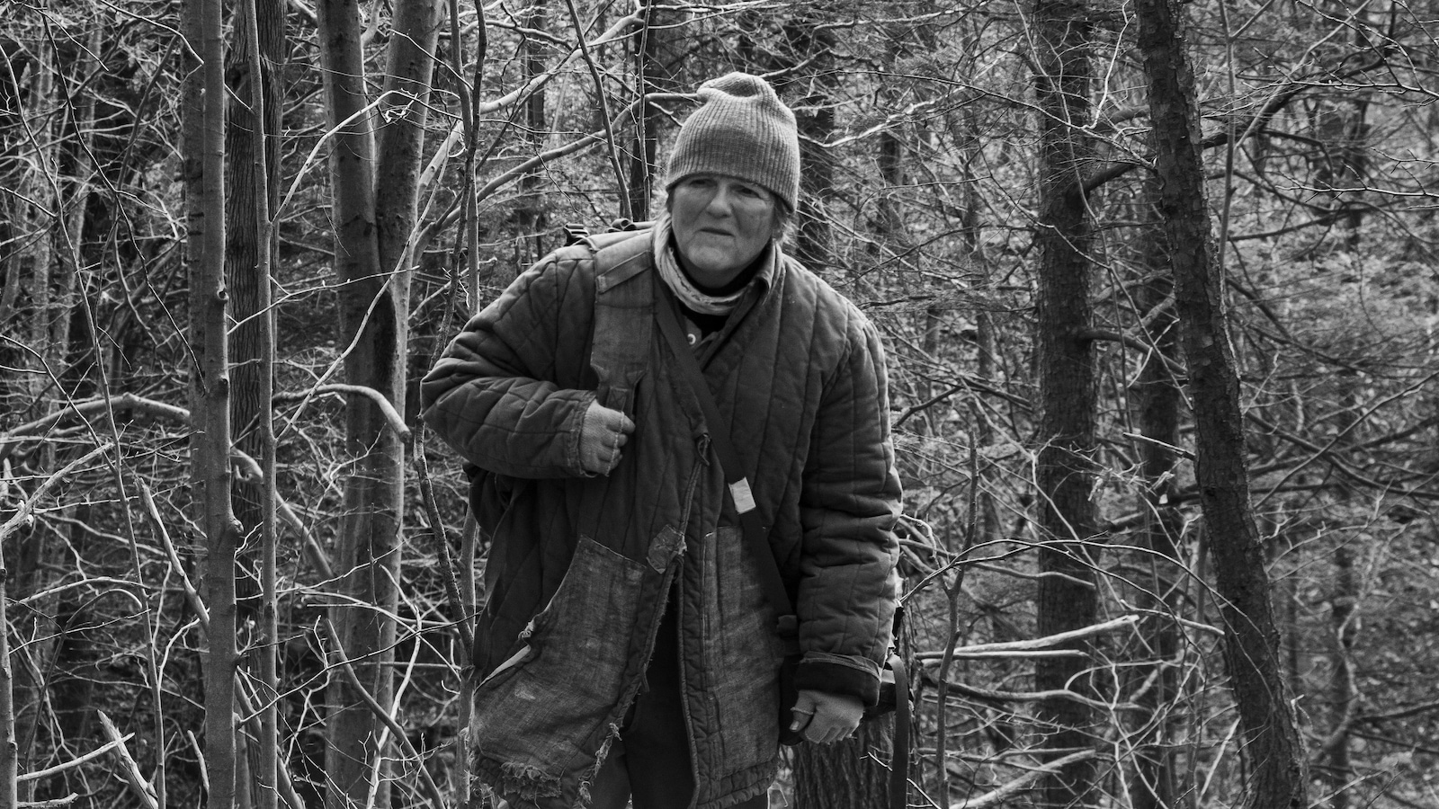 En noir et blanc, une femme (Monique Gosselin) dans le bois. En noir et blanc, une femme (Monique Gosselin) dans le bois.