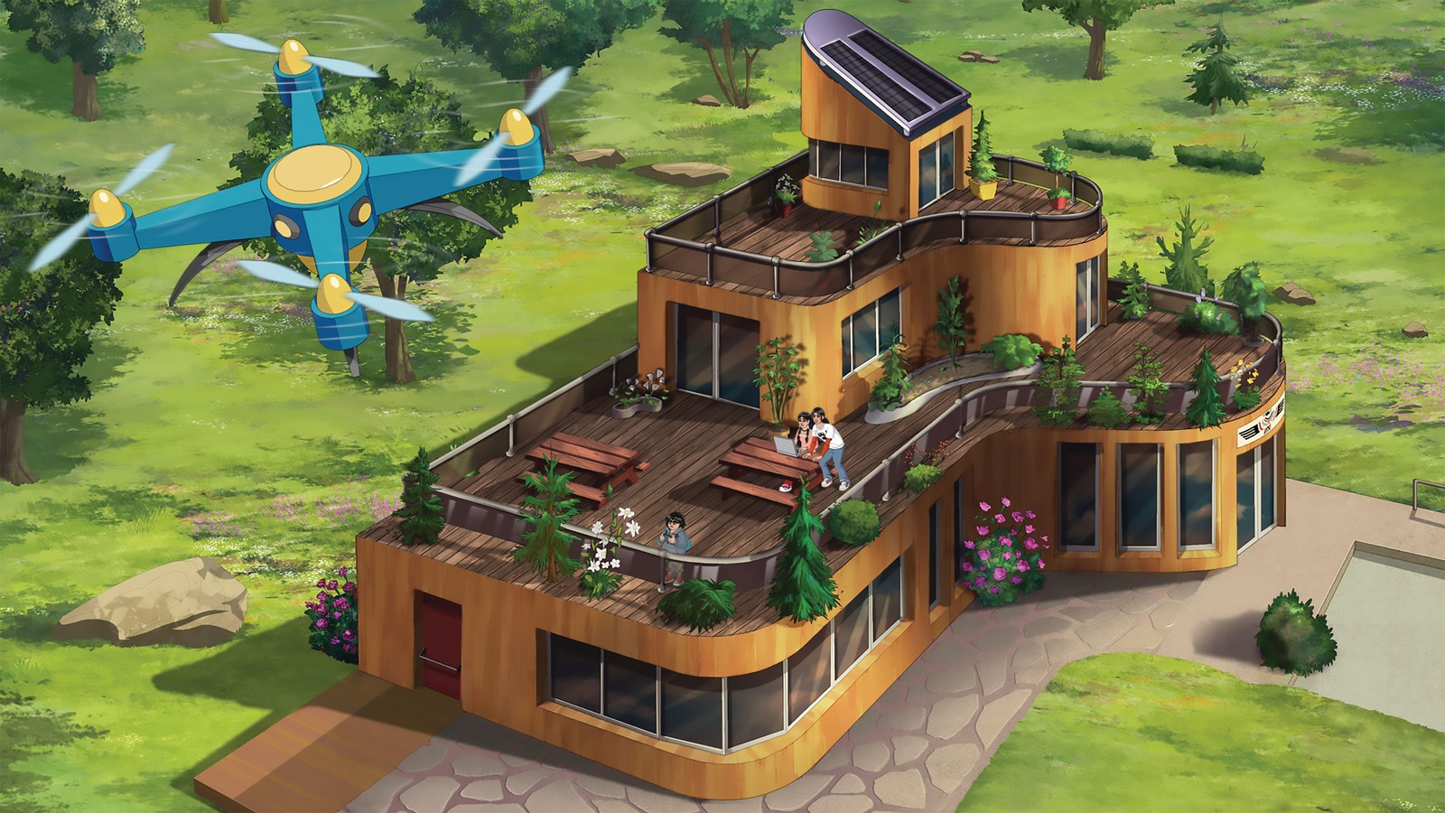 On voit un drone survoler la maison qui abrite la radio du village On voit un drone survoler la maison qui abrite la radio du village