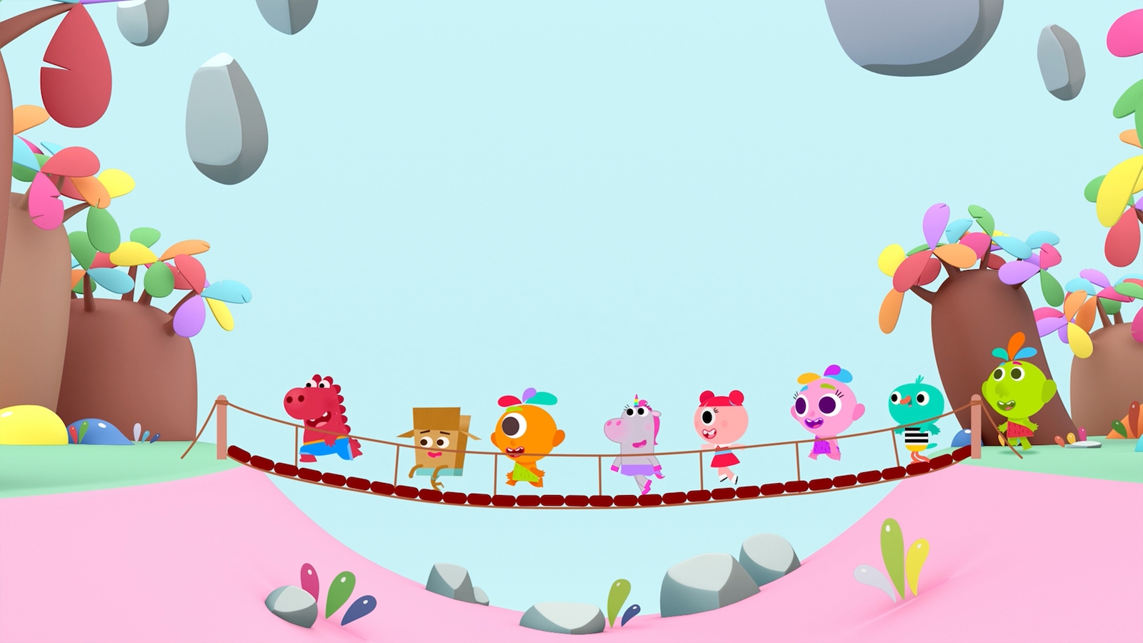 De petites créatures traversent sur un pont en bois.