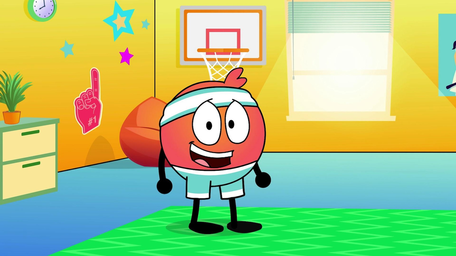 Avatar animé de l'émission Bouge! Il porte une tenue de basket. Avatar animé de l'émission Bouge! Il porte une tenue de basket.