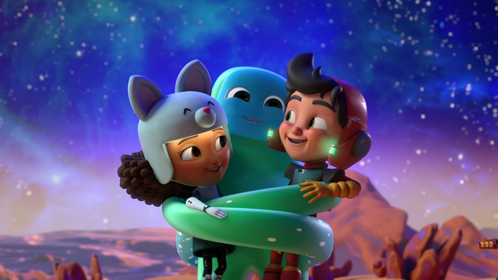 L'extraterrestre serre les deux enfants dans ses bras. Ils sont heureux.