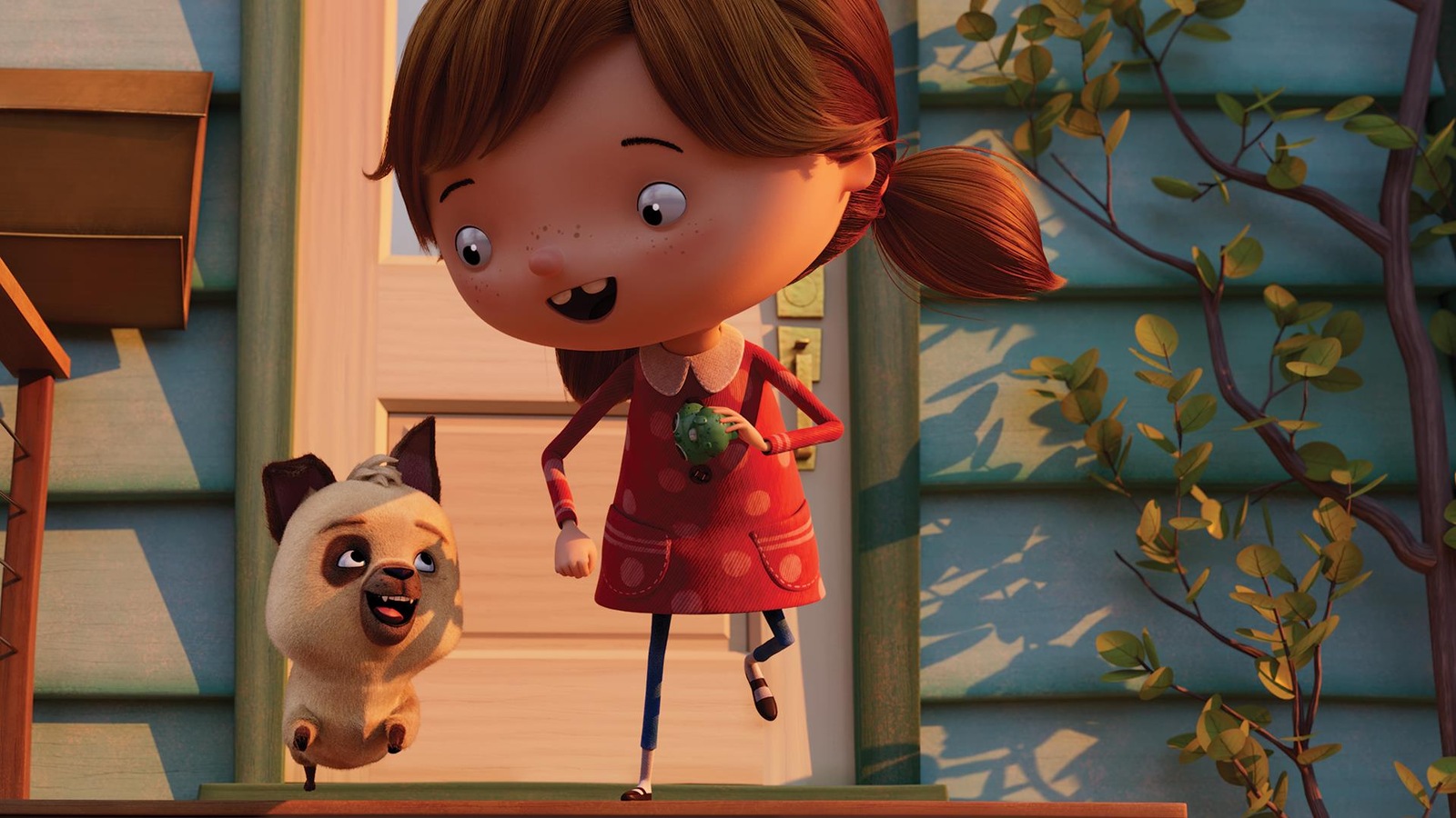 Une fillette et son chien sortent de la maison. Une fillette et son chien sortent de la maison.