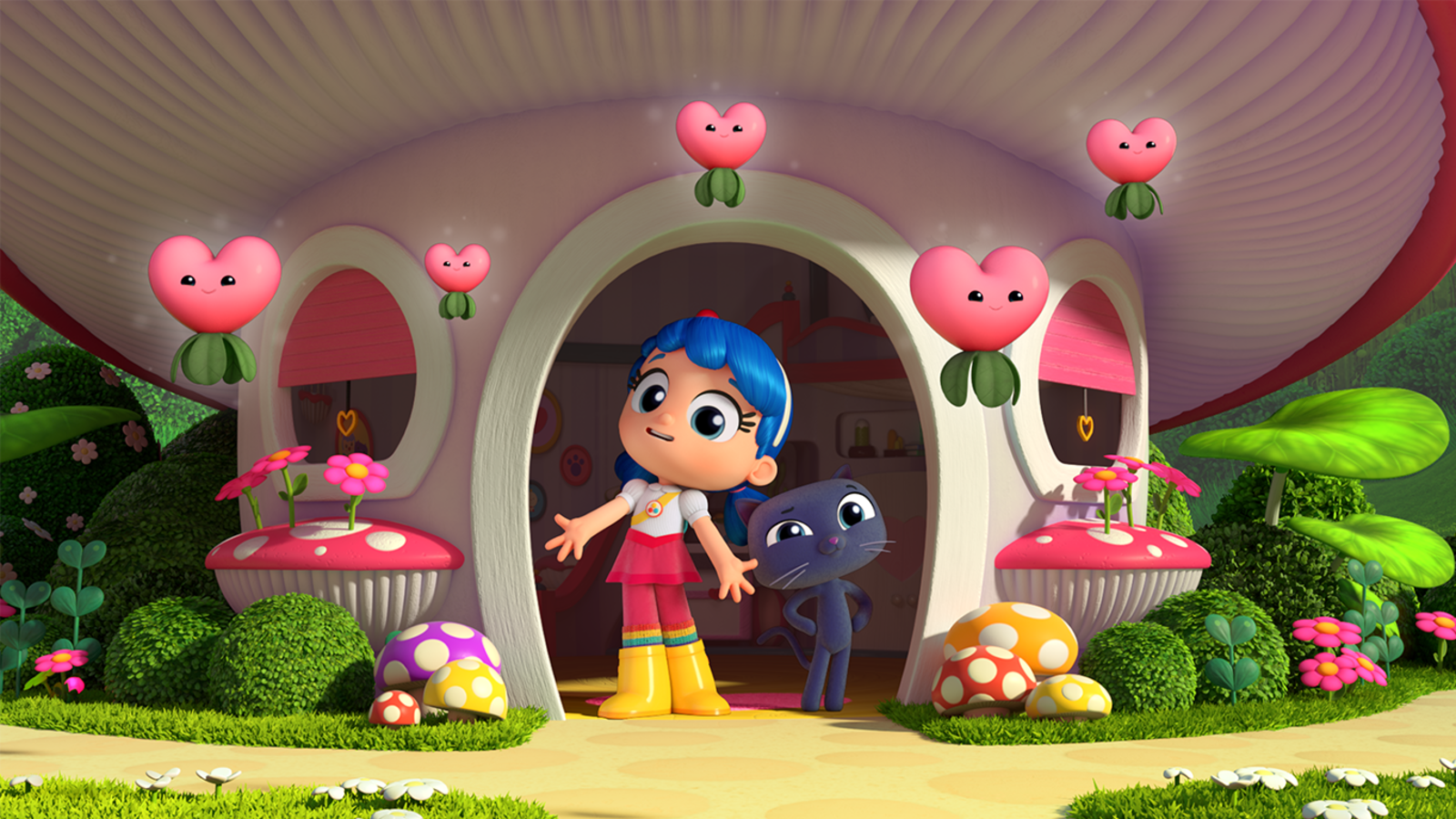 Talia et Bartleby sont devant de la maison champignon. Autour d'eux, des fleurs roses en forme de cœurs. Talia et Bartleby sont devant de la maison champignon. Autour d'eux, des fleurs roses en forme de cœurs.