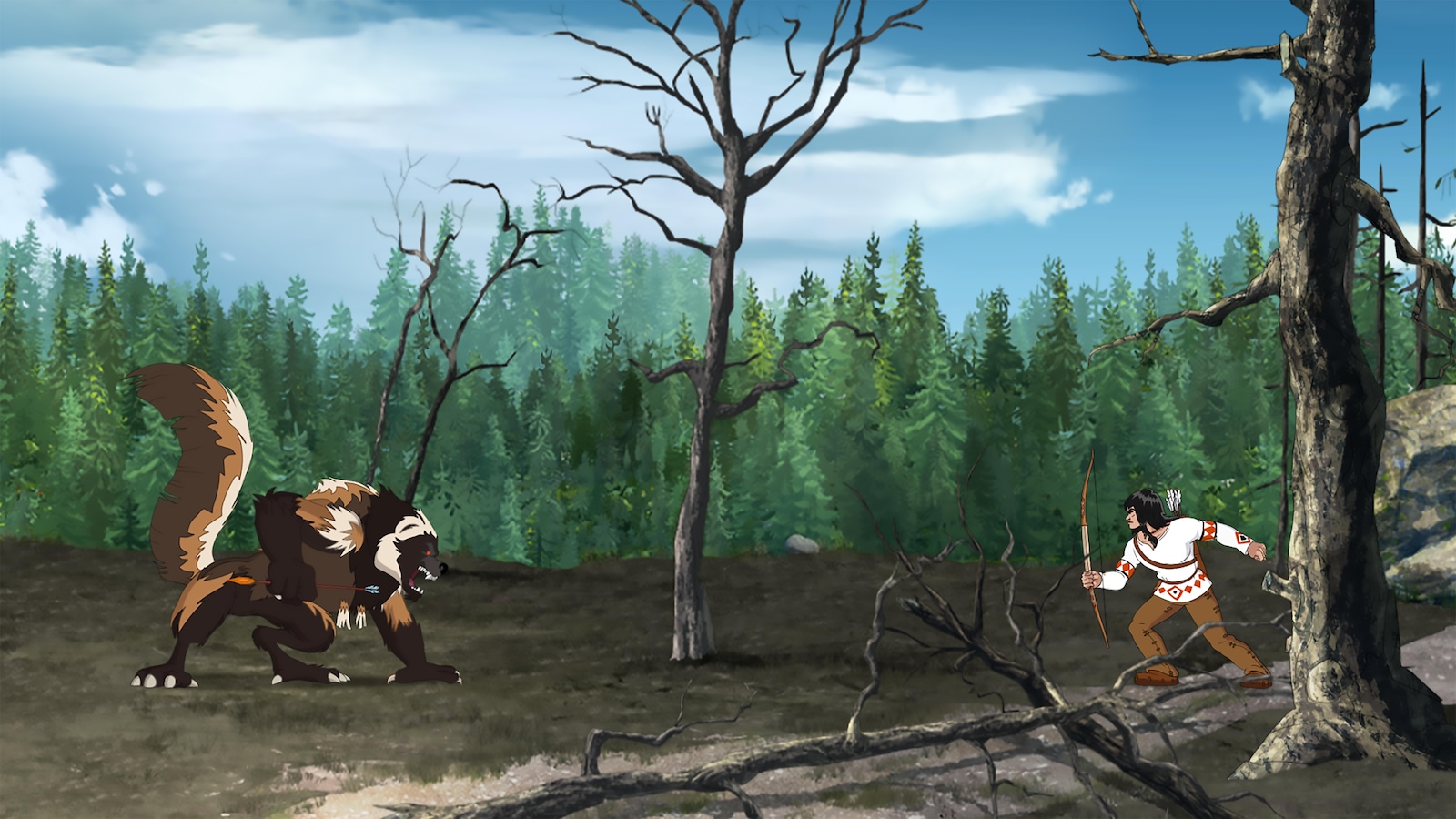 La bête et le guerrier innu s'affrontent dans la forêt, ils se regardent avant de se battre La bête et le guerrier innu s'affrontent dans la forêt, ils se regardent avant de se battre