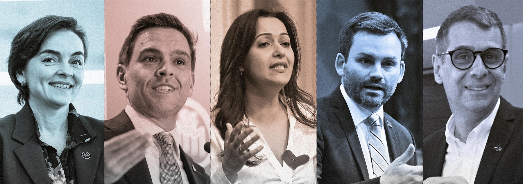  Christine Fréchette (CAQ), Charles Milliard (PLQ), Ruba Ghazal (QS), Paul St-Pierre Plamondon (PQ) et Éric Duhaime (PCQ).