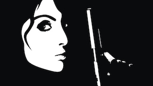 Illustration d'une femme tenant un pistolet.