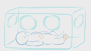 Un dessin représentant des capteurs intelligents sur un bébé dans un incubateur.