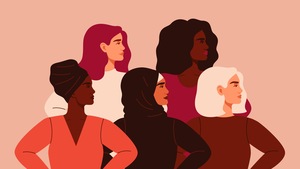 Cinq femmes stylisées, de profil, représentant une diversité d'origines.