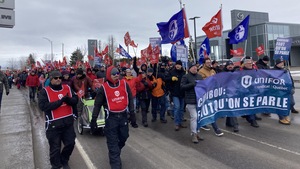 Des marcheurs sur un boulevard avec des drapeaux.