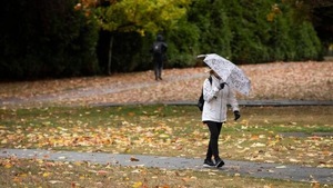 Une femme marche sur un sentier dans la pluie en se protégeant le visage avec son parapluie.