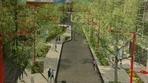 Des piétons et des cyclistes circulent dans un rendu de travaux d'urbanisme.
