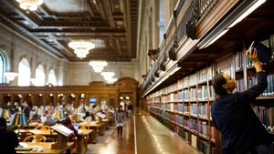 Un homme prend un livre à la bibliothèque publique de New York.
