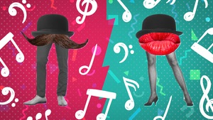 Une moustache avec des jambes et une paire de lèvres rouges dotée de jambes sont illustrées sur un arrière-plan coloré, serti de notes de musiques.