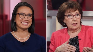 Deux photos côte à côte : à gauche, une femme qui sourit et à droite une femme qui parle en agitant les mains.