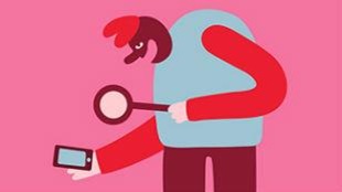 Illustration de Cécile Gariépy. Un homme penche le regard sur son téléphone intelligent muni d'une loupe. Illustration de Cécile Gariépy. Un homme penche le regard sur son téléphone intelligent muni d'une loupe.