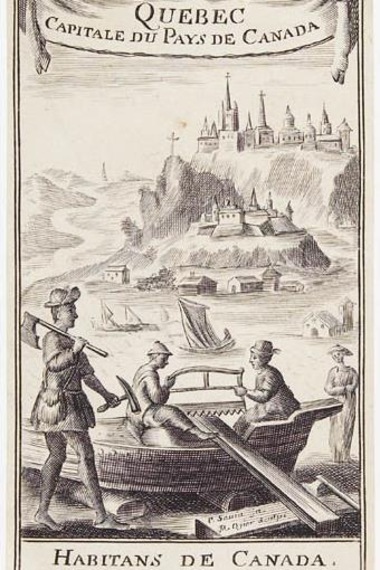 Des colons construisent une embarcation avec, en arrière-plan, la ville de Québec sur cette gravure représentant la vie en Nouvelle-France. Des colons construisent une embarcation avec, en arrière-plan, la ville de Québec sur cette gravure représentant la vie en Nouvelle-France.