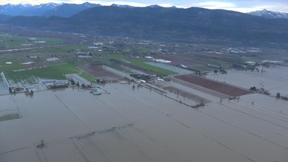 Vue aérienne de champs agricoles inondés dans la vallée du fleuve Sumas.