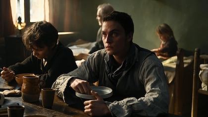 Un homme et un jeune garçon sont assis à une table et ils mangent.
