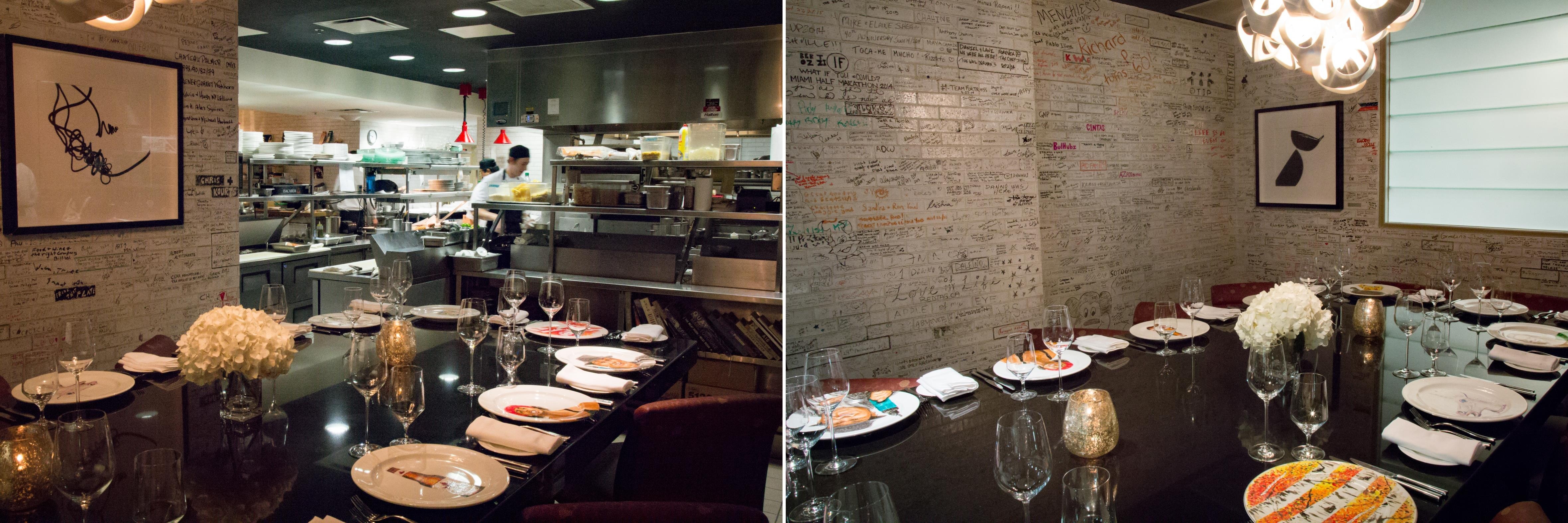 Deux photos. À gauche, une table avec vue sur la cuisine. À droite, une photo des murs. Deux photos. À gauche, une table avec vue sur la cuisine. À droite, une photo des murs.