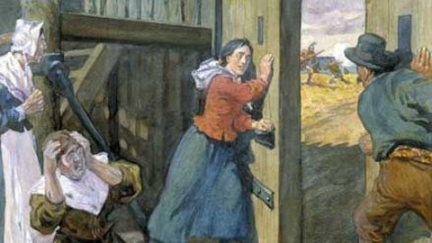 Une femme ferme la porte du fort pour contrer l'attaque des iroquois. Les gens sont effrayés. Une femme ferme la porte du fort pour contrer l'attaque des iroquois. Les gens sont effrayés.
