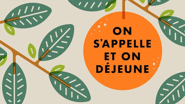Illustration d'une orange dans un oranger, avec le titre On s'appelle et on déjeune en surimpression.