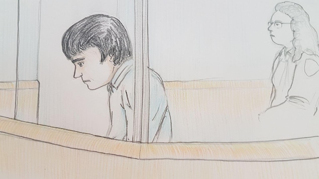 Une illustration d'Alexandre Bissonnette lors de son passage au tribunal le 26 mars 2018