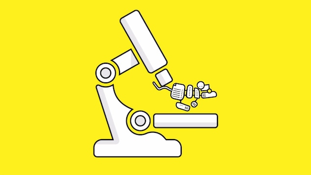 Une illustration montrant un microscope stylisé sur lequel une souris à l'apparence robotique tente de s'enfuir.